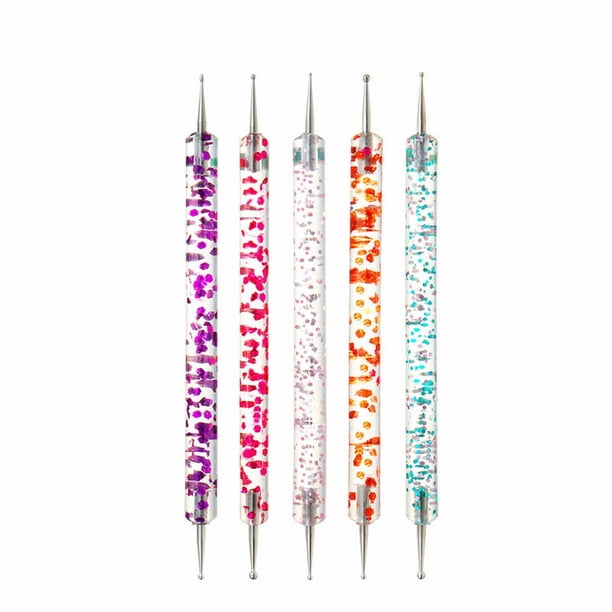 5PCS Juego de Rotuladores de Doble Punta - Mango Acrílico, Punta de Metal, para Manicura, Rhinestone Picking, Nail Art