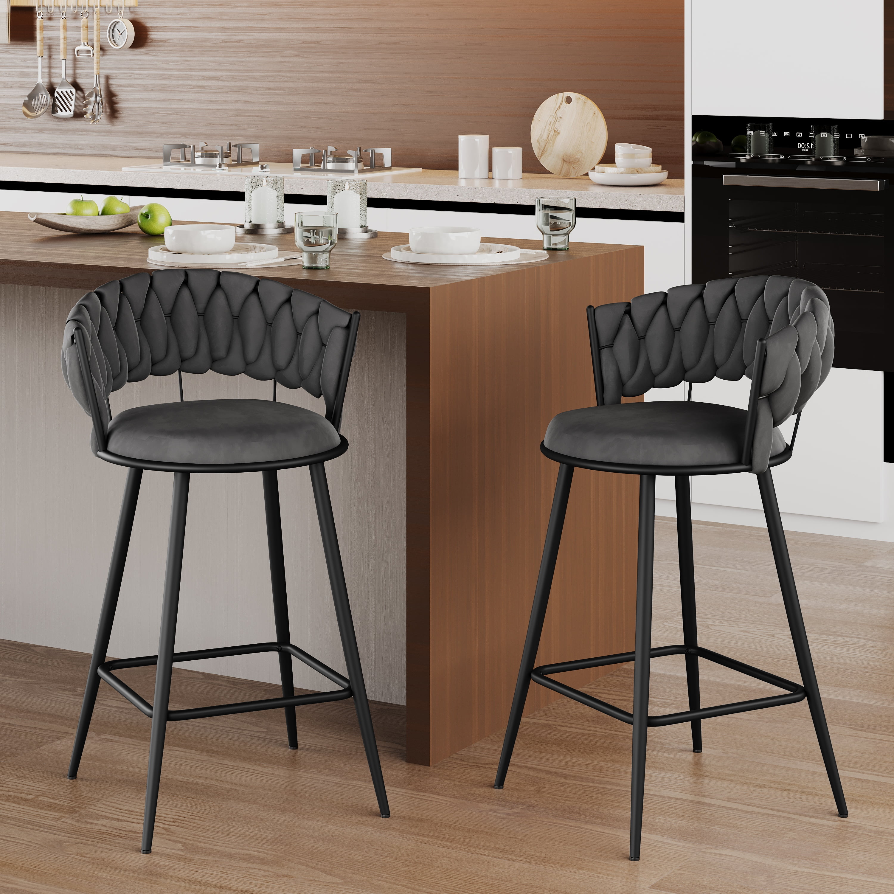 Andeworld 24'' Barstools set of 2, Modern Velvet Bar Stools with Woven Back, Counter Height Barstools with Upholstered Seating, Square Footrest, Grey
