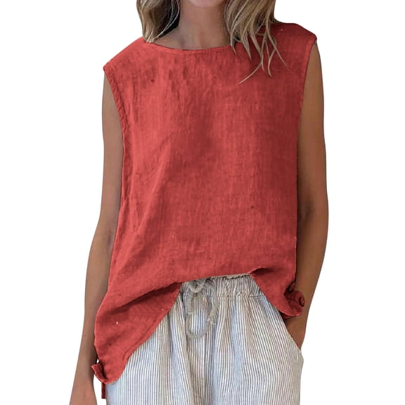High Low Top for Women Summer Casual Linen Tank Tops Split Sleeveless Plain Crew Neck Shirts Red, 3XL