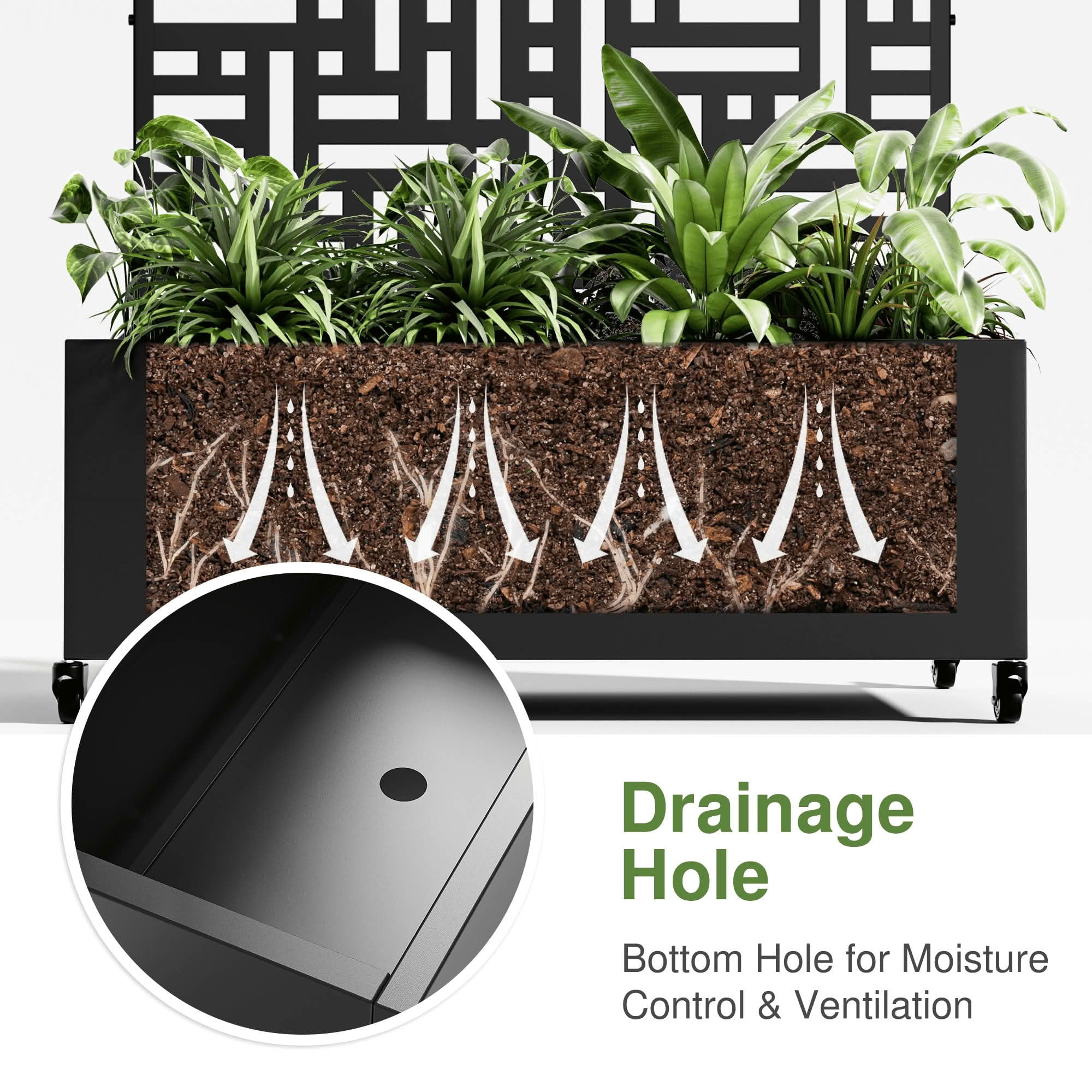 MAYEERTY 72x47x16 Inch Black Metal Rectangular Planter Box with Trellis for Street, 5 Piece Set
