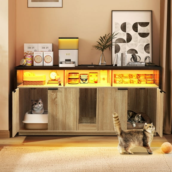 SAEWUD Cat Litter Box Enclosure Furniture with Power Outlet & LED Light – Hidden 2-Room Cat Washroom Cabinet for Litter Box, Storage & Home Décor