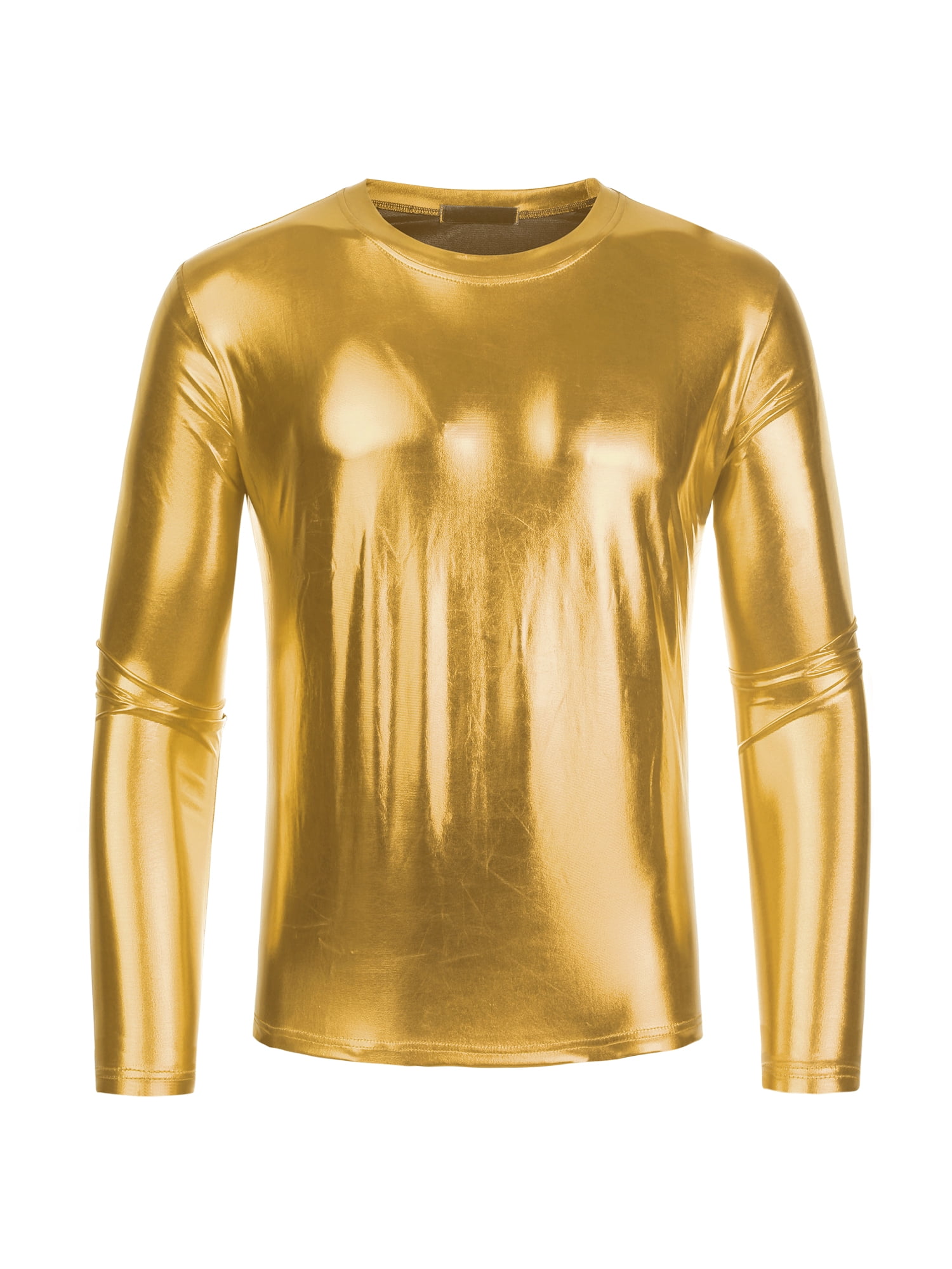 Unique Bargains Men's Metallic T-Shirt Round Neck Long Sleeve Shining Disco Tee Top L Golden