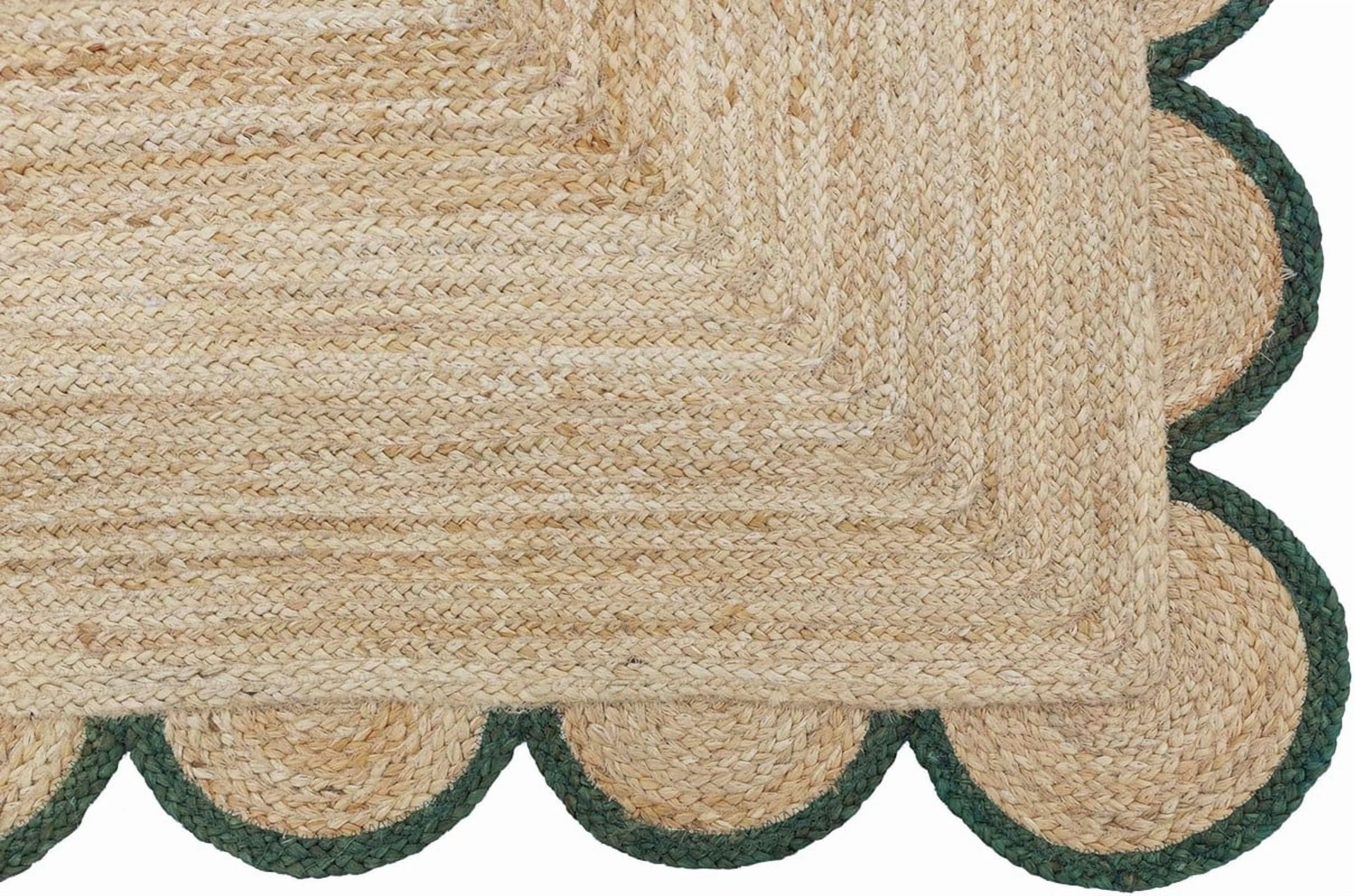 4x6 Ft Green Border Premium Scalloped Jute Rug – Handcrafted Natural Braided Carpet for Living Room, Bedroom, Entryway, Boho Home Decor