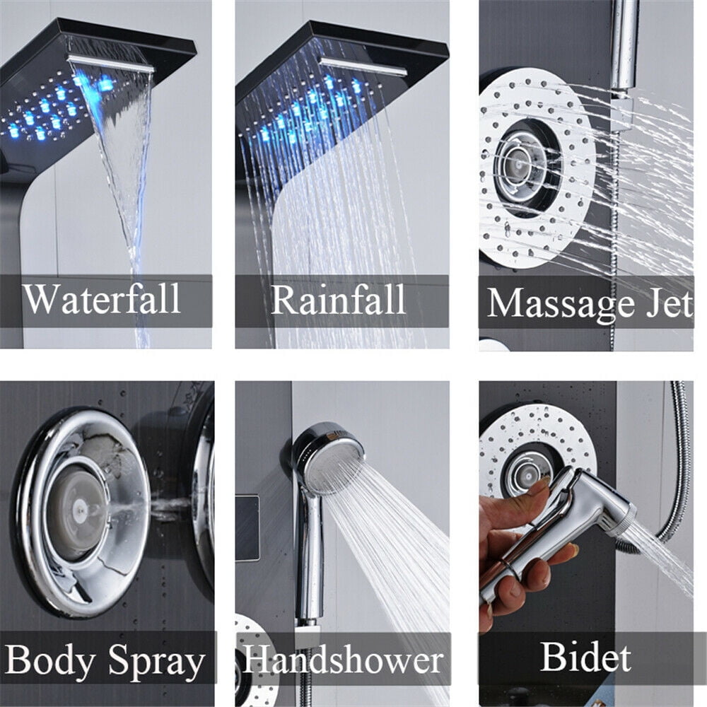 Black LED Shower Panel Tower Rain Shower System Massage Body Jets Faucet Mixer