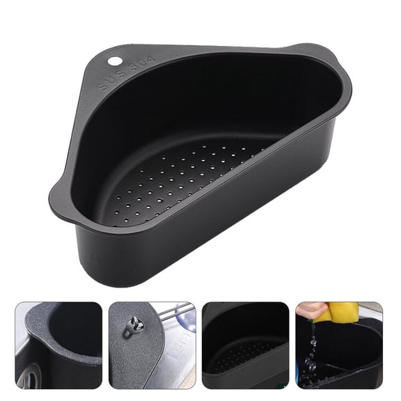 STRANDCHIC 1Set Kitchen Sink Drain Basket Black Stainless Steel Triangular Drain Rack for Storage