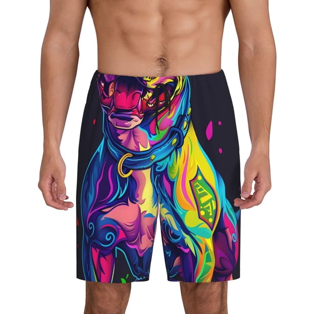 Balery Neon Pop Art Pitbull Pantalones cortos de pijama de punto de algodón para hombre con cinturilla y bolsillos-Large