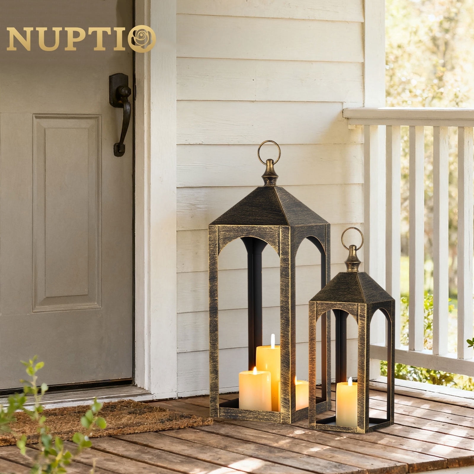 Nuptio Outdoor Candle Holder Lanterns for Porch, Porch Lanterns Decorative Indoor Outdoor Front Porch Decor,17" & 23" Set of 2 ,No Glass M+L