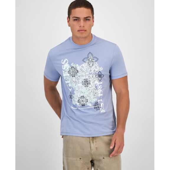 Guess NIMBUS BLUE Men's Faded Flower Short Sleeve Logo Graphic T-Shirt, US Small
