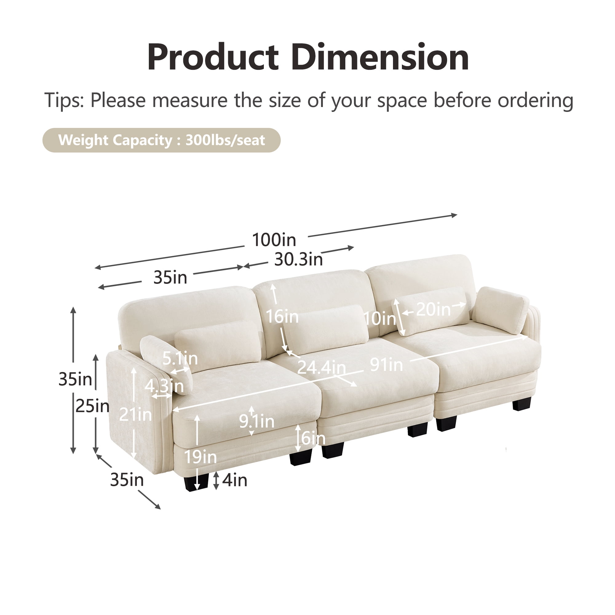 100" Modern Modular 3 Seater Sofa Couch with 5 Pillows