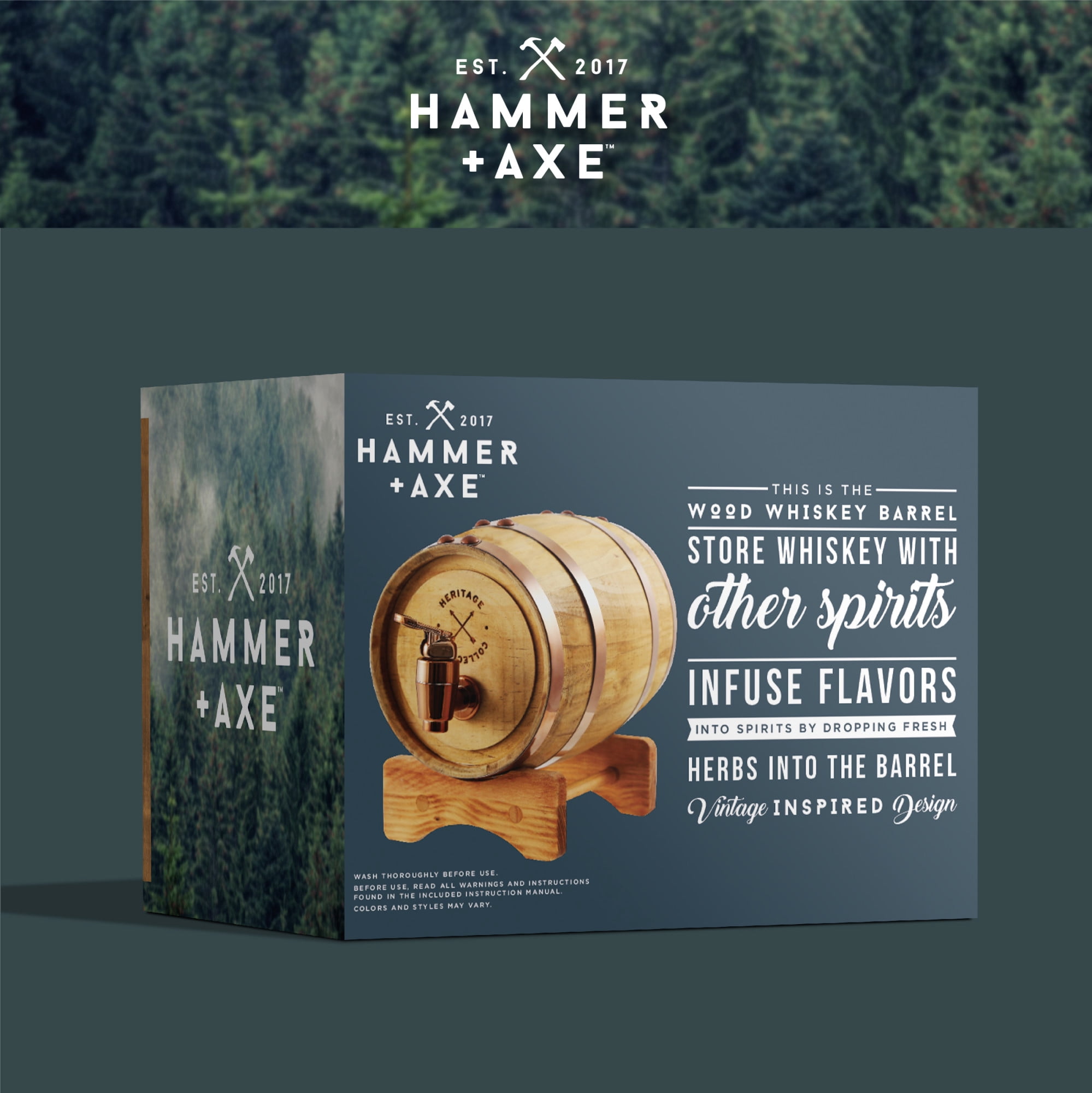 Hammer + Axe Miniature Wood Whiskey 1L (27 Fl. Oz.)Wood Barrel Dispenser and Mini Infuser