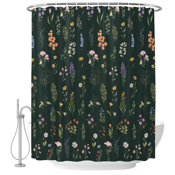 Dark Green Botanical Wildflowers Shower Curtains for Bathroom, Waterproof Fabric Bath Curtains Decor, Bath Tub Curtain Rustic Floral Decorative Shower Curtain Sets with 12 Hooks, 72x72 Inch