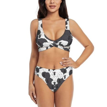 Zeuib Black And White Sheeps High Waisted Tummy Control Bikini Set - Knot Front Push Up Top & Cheeky Thong Bottom  Two-Piece Swimsuit for Women-X-Large