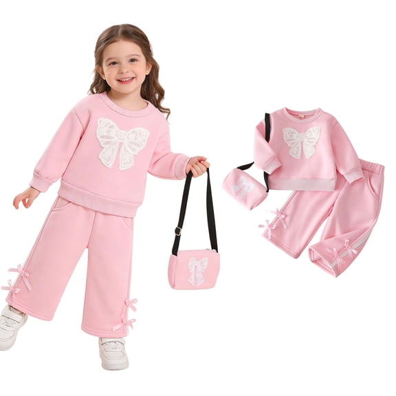 3 Piece Outfits Sets Long Sleeve Bow Sweatshirt and Sweatpants Set Girls Spring Outfits for Girls 12-18 Months