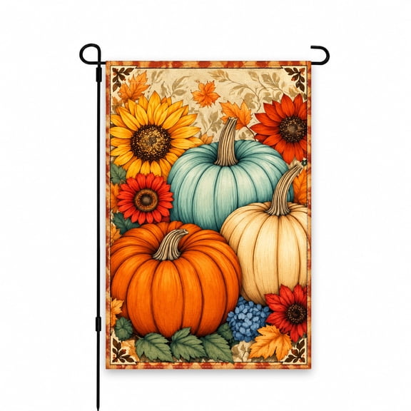 Fall Pumpkin & Sunflower Garden Flag 12x18 Inch – Autumn Porch, Patio, Lawn Decor for Outdoor Display, Seasonal Yard Flag Design in Warm Orange & Blue.