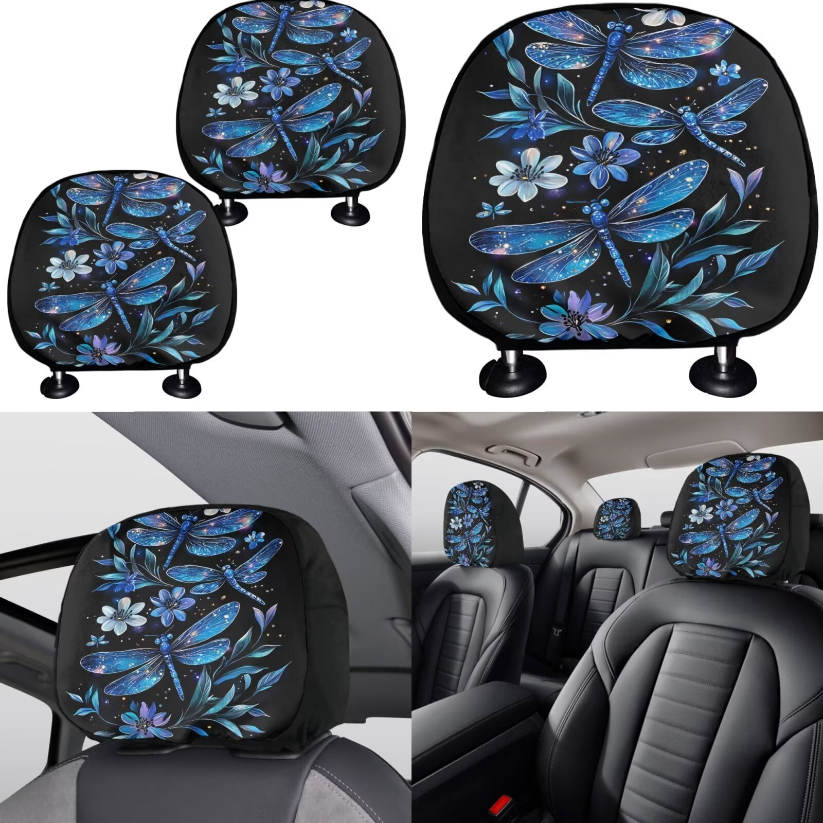 Garronmavis Blue Dragonfly Print 11 Pack Car Seat Covers Full Set Easy to Install and Clean with Cars Headrest Protectors+Wristlet Keychain+Auto Cup Coaster+Handbrake Gear+Shift Knob Cover