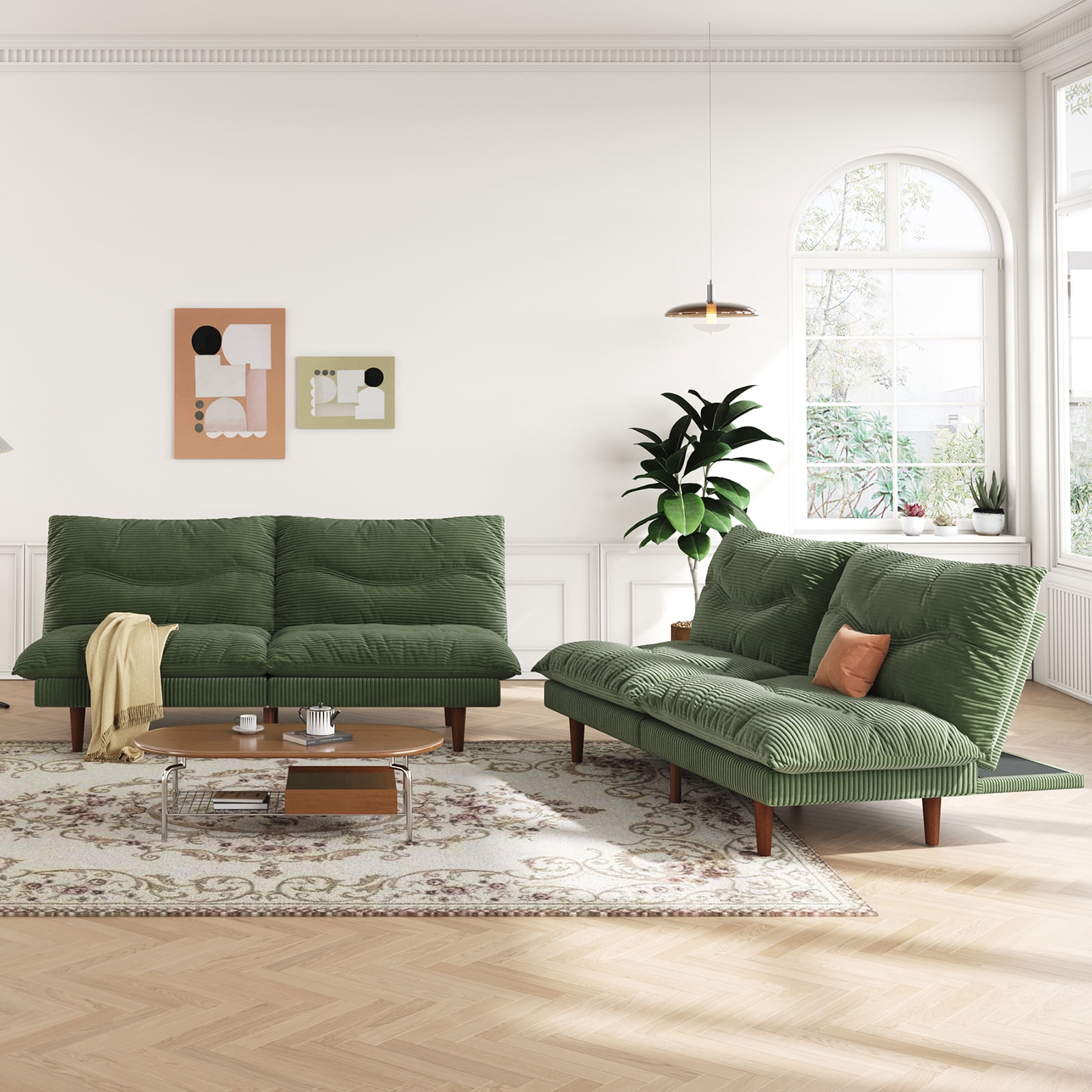 LLappuil 2 Piece 71" Corduroy Futon Convertible Sofa Bed, Loveseat Sleeper Sofa Couch for Living Room Apartment Green