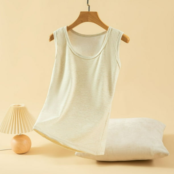 Ropa interior térmica para mujer, otoño e invierno, camiseta térmica de tirantes con cuello redondo y forro polar suave, sin mangas, de poliéster.
