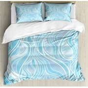 Seafoam King Size Duvet Cover Set, Stained Glass Patterned Ornamental Design Wavy Stripes Abstract Composition, Decorative 3 Piece Bedding Set with 2 Pillow Shams, Blue Pale Muave, by Ambesonne