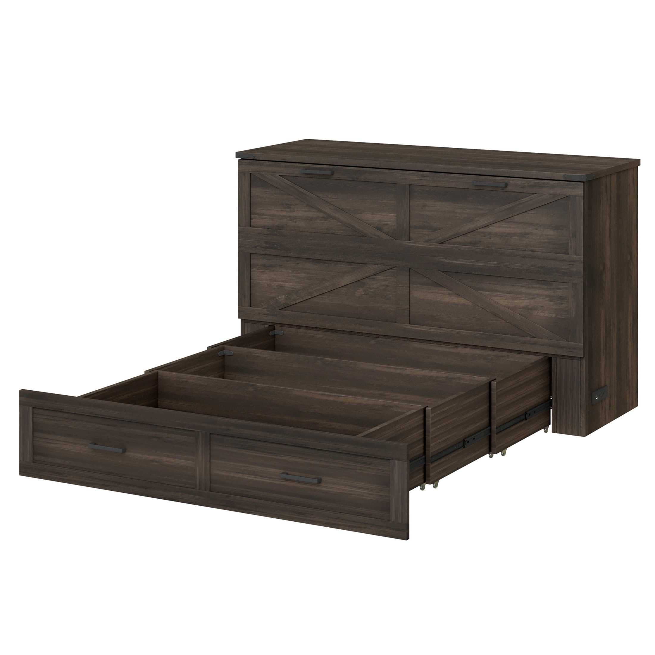 Noble House Queen Size Farmhouse Murphy Cabinet Bed with Charging Station and Storage Drawer, Foldable Platform Bed,Gray