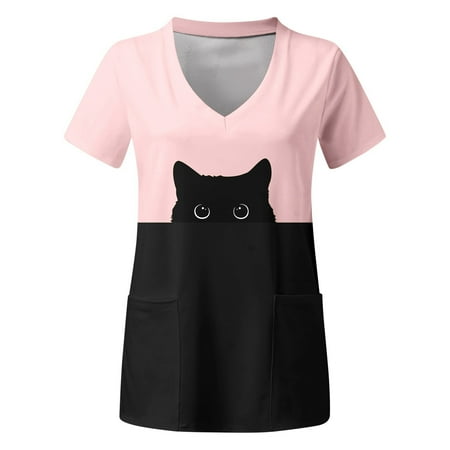 

Cat Printed Working Uniform Womens Plus Size Top V Neck Short Sleeved Pockets Printed T Shirt Scrubs Uniform Nurses