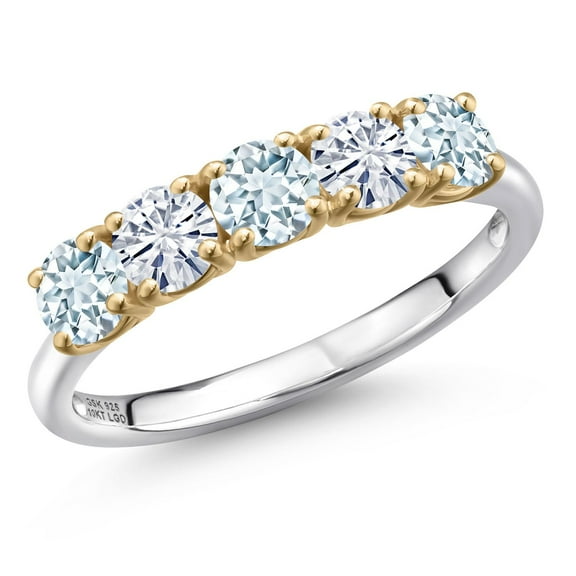 Gem Stone King 925 Silver and 10K Yellow Gold Sky Blue Aquamarine and White Moissanite Wedding-Bands Ring for Women | 1.21 Cttw | Round 4MM | Gemstone March Birthstone | Size 5