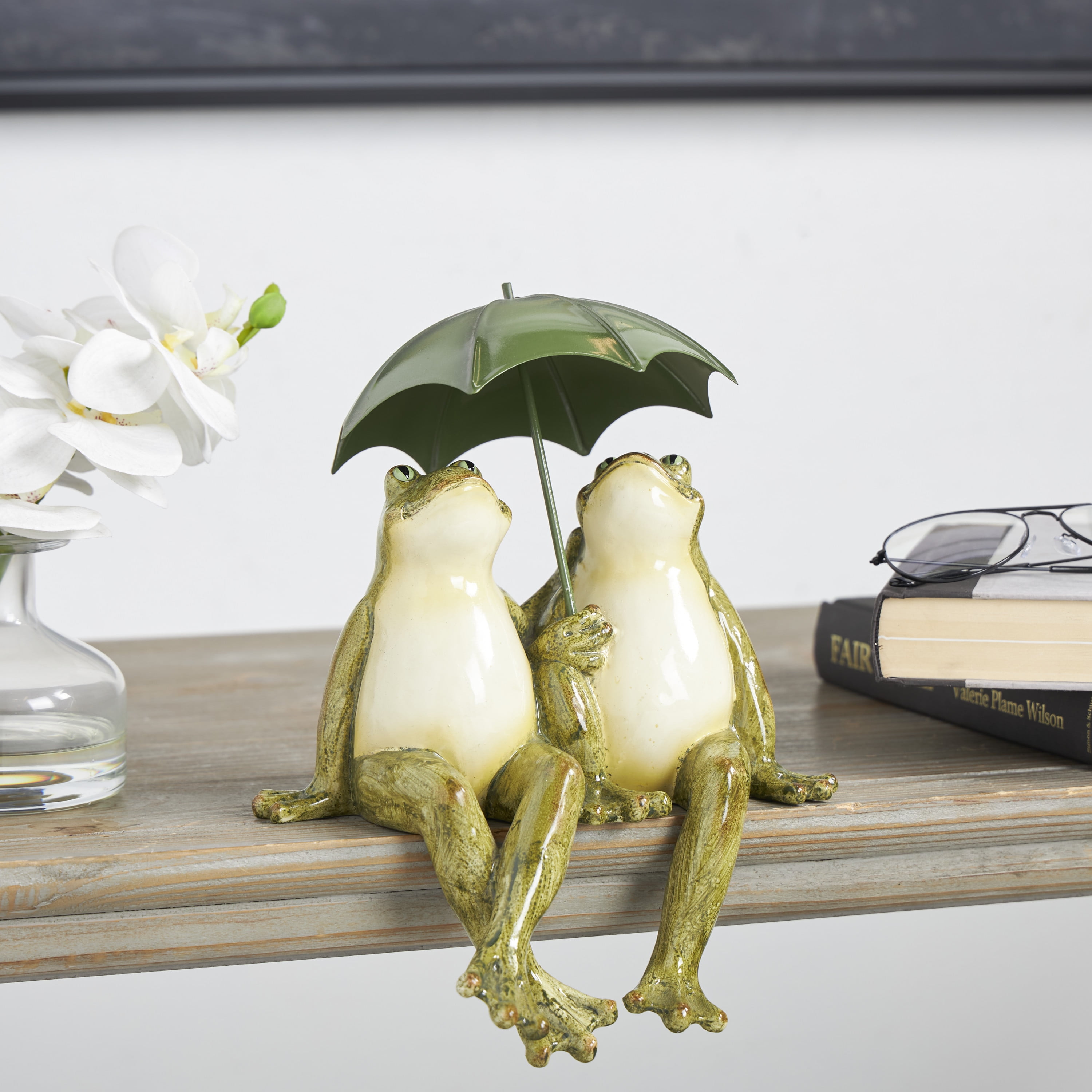 8" x 11" Bronze Resin Sitting Frog Sculpture with Umbrella, by DecMode