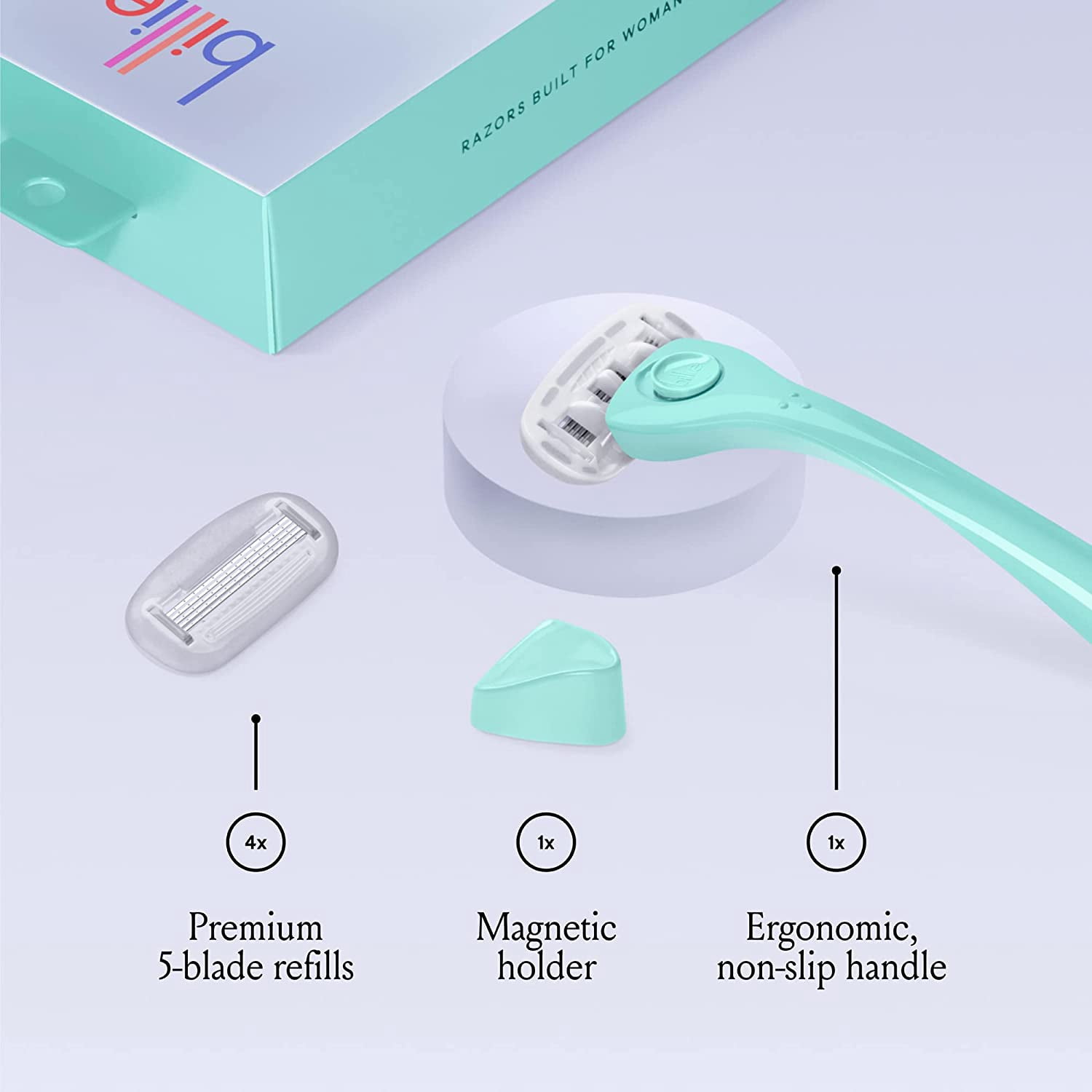 Billie Razors for Women Shave Kit – Razor + 4 x 5-Blade Razor Refills + Magnetic Holder – Minty