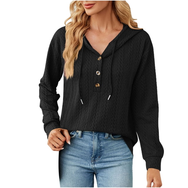 Dealovy Casual Fall Hoodies for Women Long Sleeve Solid Color Drawstring Pullover Button Neck Loose Hooded Sweatshirt