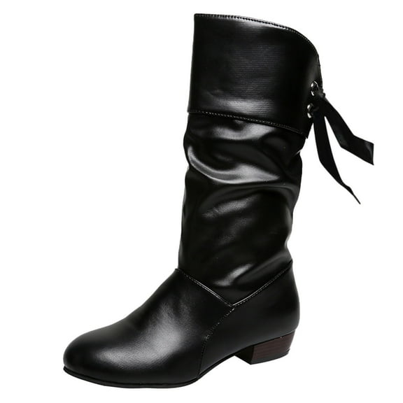 Fashion Women's Mid-Calf Boots Solid Color Pleated Leather Bow Tie Back Thick Heel Medium Stylish Footwear
