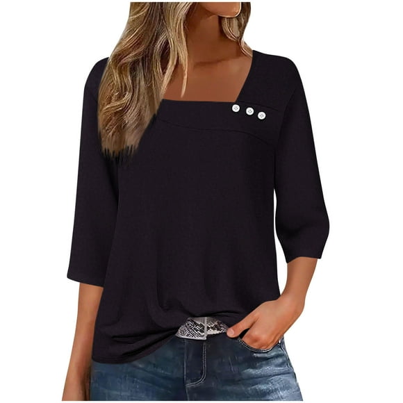 T-shirts pour Femmes Mode T-Shirt Décontracté Imprimé Col en V Manches Longues Boutons Hauts Noir B TTG