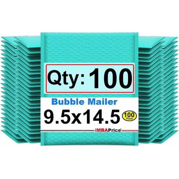 100-Pack Large 9.5x14.5 Inch Teal Bubble Mailers, Self Seal Poly Padded Envelopes for Shipping Clothes Photos, Lightweight Cost-Effective Packaging