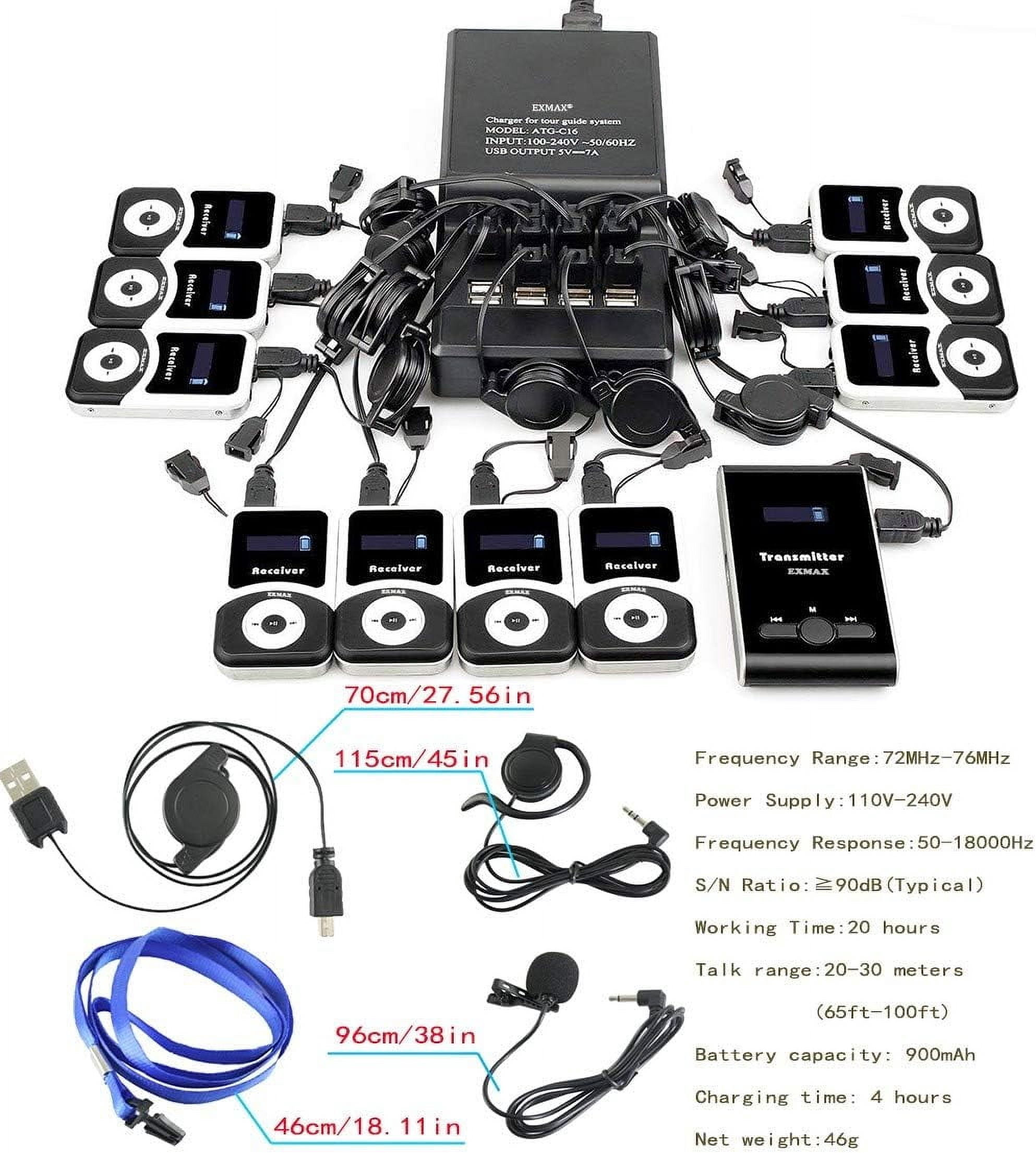 EXMAX® EX-100 Wireless Tour Guide System Microphone Earphone Headset for Church Translation Walking Museum Tour Courtroom Assitive Listening (1 Transmitter 15 Receivers 16-Ports USB Charger Base)