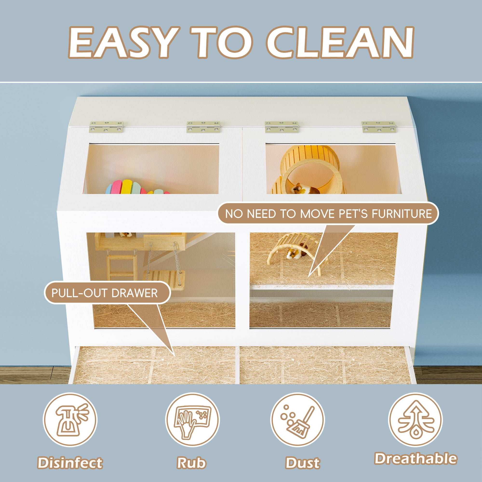 Joywind Large Hamster Cage with Storage Cabinet - Easy-Clean Small Animal Habitat with Acrylic View Panels & Pull-Out Drawer for Guinea Pigs, Rabbits, Hedgehogs