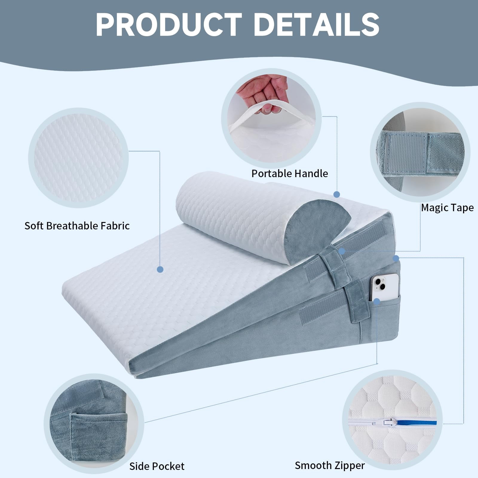 Bed Wedge Pillow For Sleeping  3 Adjustable Height 4.5&7.5&12 Inch Triangle Acid Reflux (gray)