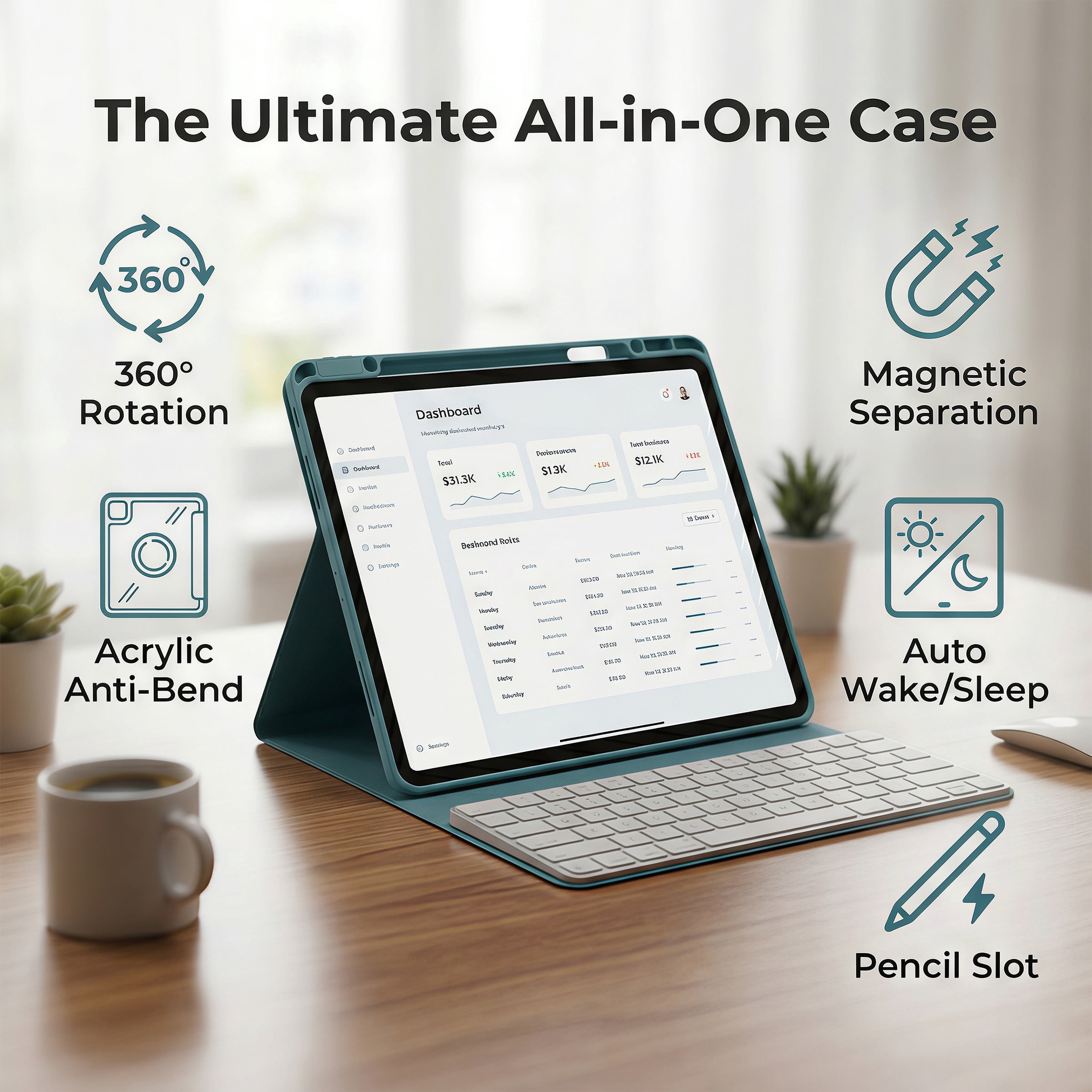 SENYOSON iPad Air 11" Case (2025/2024) - 360° Rotating Stand with Magnetic Detachable Cover, Clear Acrylic Back, Auto Sleep/Wake, Apple Pencil Holder