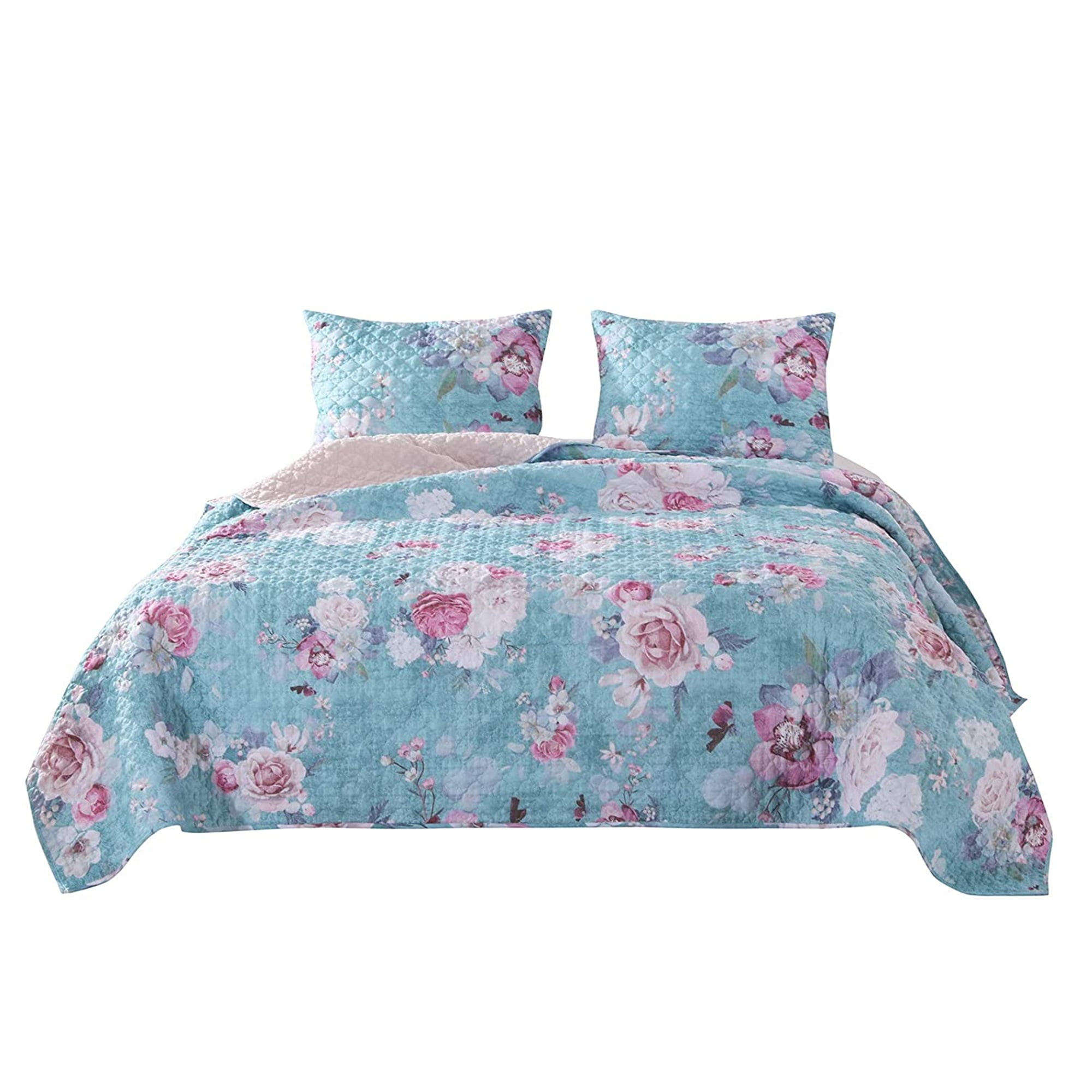2 Piece Twin Size Quilt Set with Floral Print, Blue and White Walmart