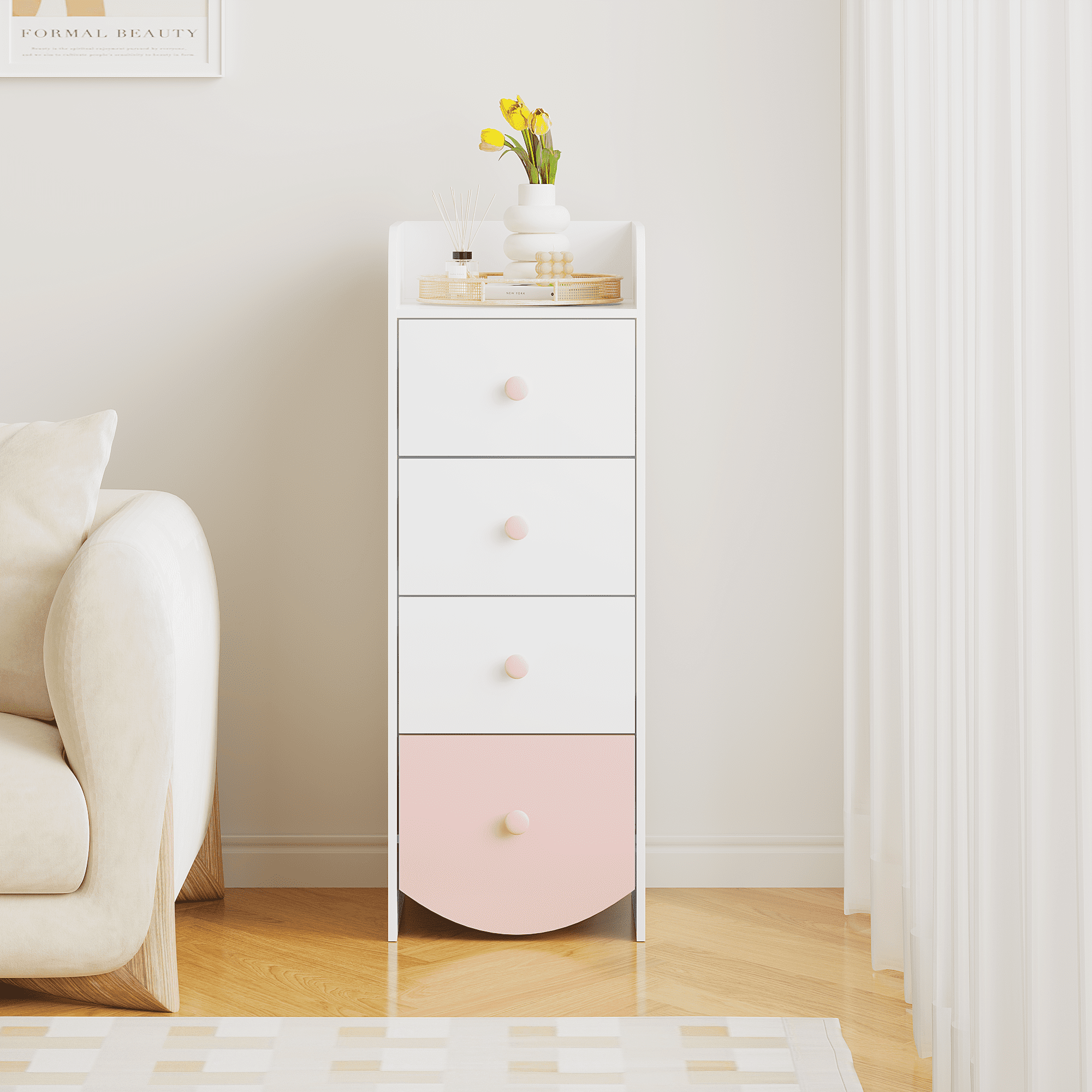 White Slim Dresser with 4 Drawers Space-Saving Narrow Kids Bedroom Storage Chest