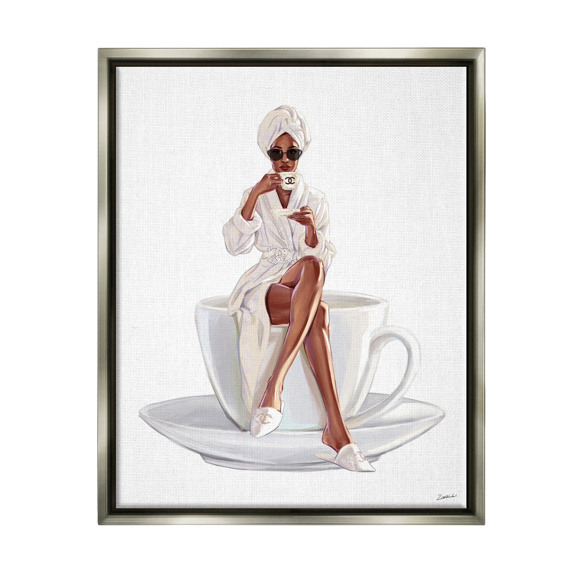 Stupell Industries Chic Coffee Teacup Woman Sipping Robe Sunglasses Luster Gray Framed Floating Canvas Wall Art, 24x30, by Ziwei Li