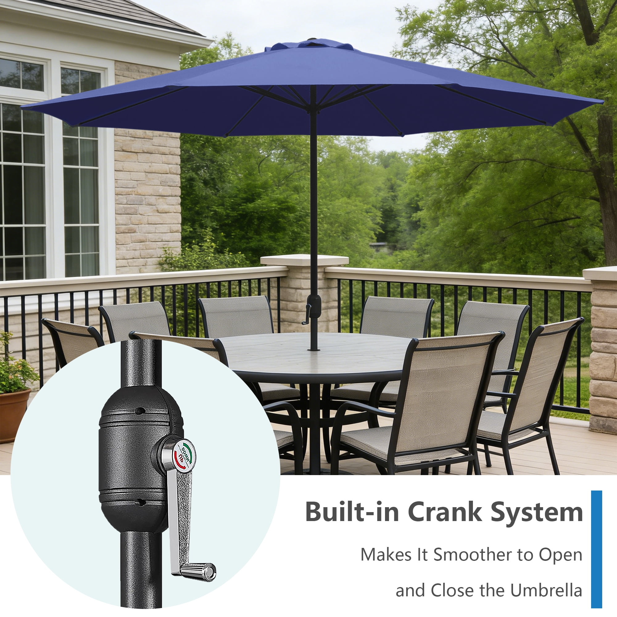 Abble 11FT Outdoor Patio Umbrella with Crank Handle, Market Umbrella with 8 Sturdy Umbrella Ribs, Waterproof for Garden Deck Backyard Pool,   Navy Blue