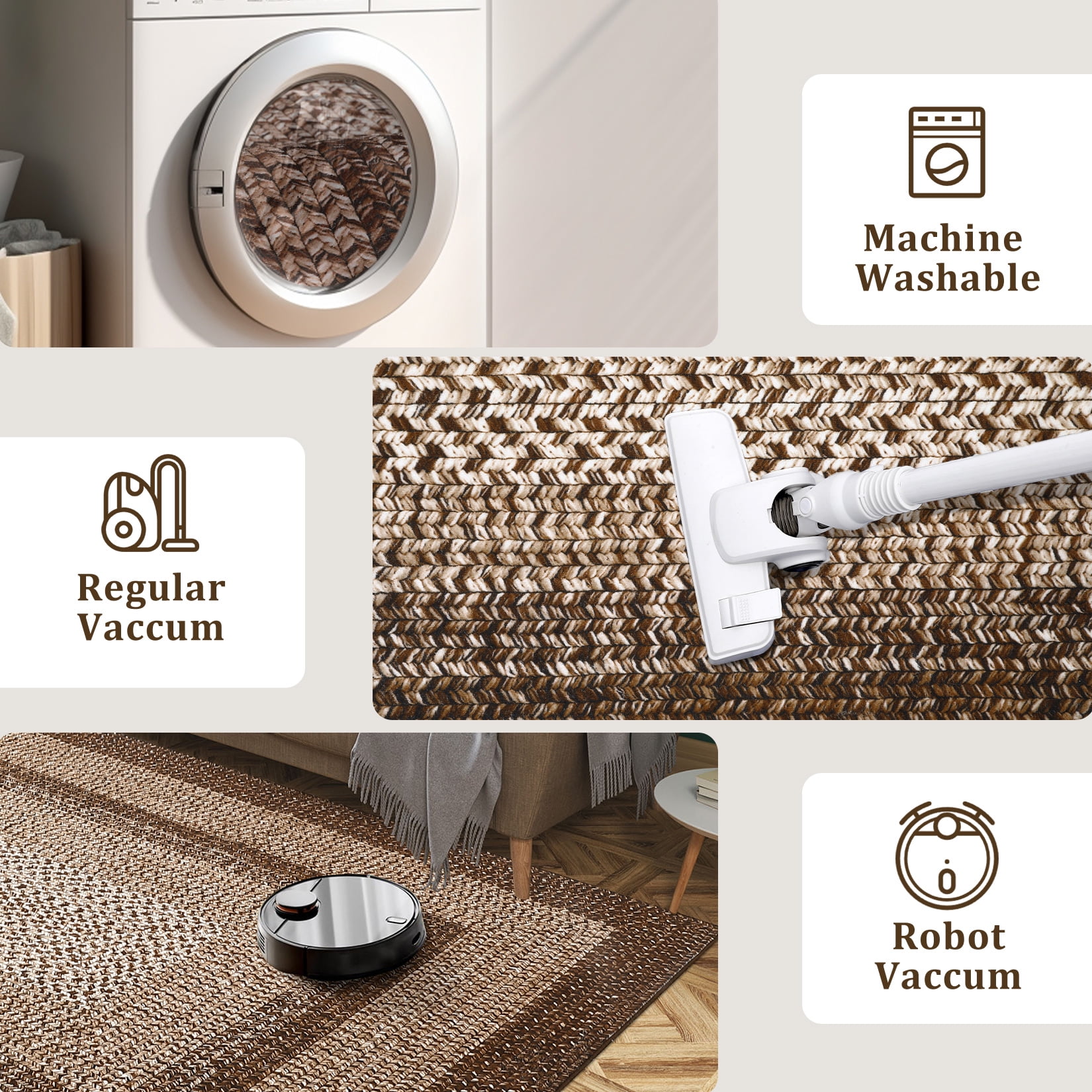 CAROMIO Washable 4' x 6' Area Rug for Living Room Modern Imitation Braided Pattern Geometric Indoor Carpet Non Slip, Brown