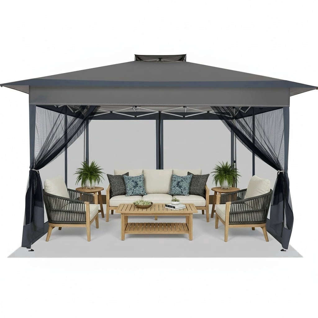 HOTEEL 13x13ft Pop-Up Gazebo Outdoor Canopy Tent with Adjustable Height, UV 50+ Sun Protection & Removable Mosquito Net - Waterproof Instant Shelter, Gray
