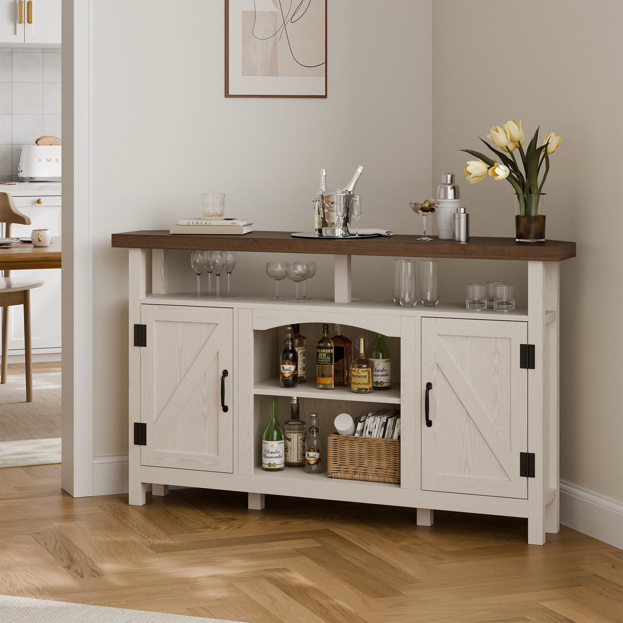 StorageWorks Farmhouse Corner TV Stand for TVs up to 60", Entertainment Center with Sliding Barn Doors and Storage Cabinets, Oak White