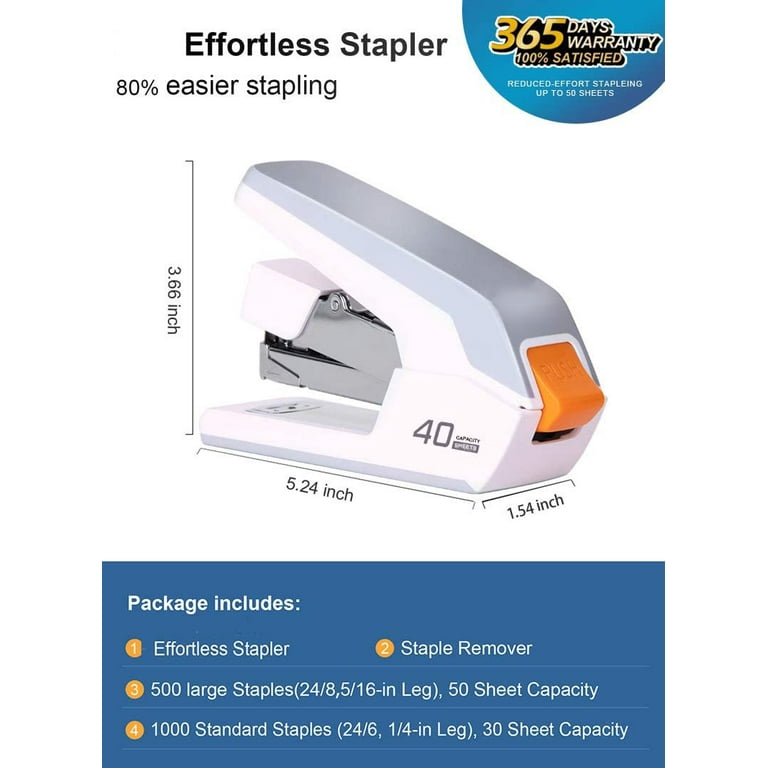 Effortless Desktop Stapler, Heavy Duty Stapler, 40-50 Sheet Capacity, One  Finger, No Effort, Includes Staples & Staple Remover - White 