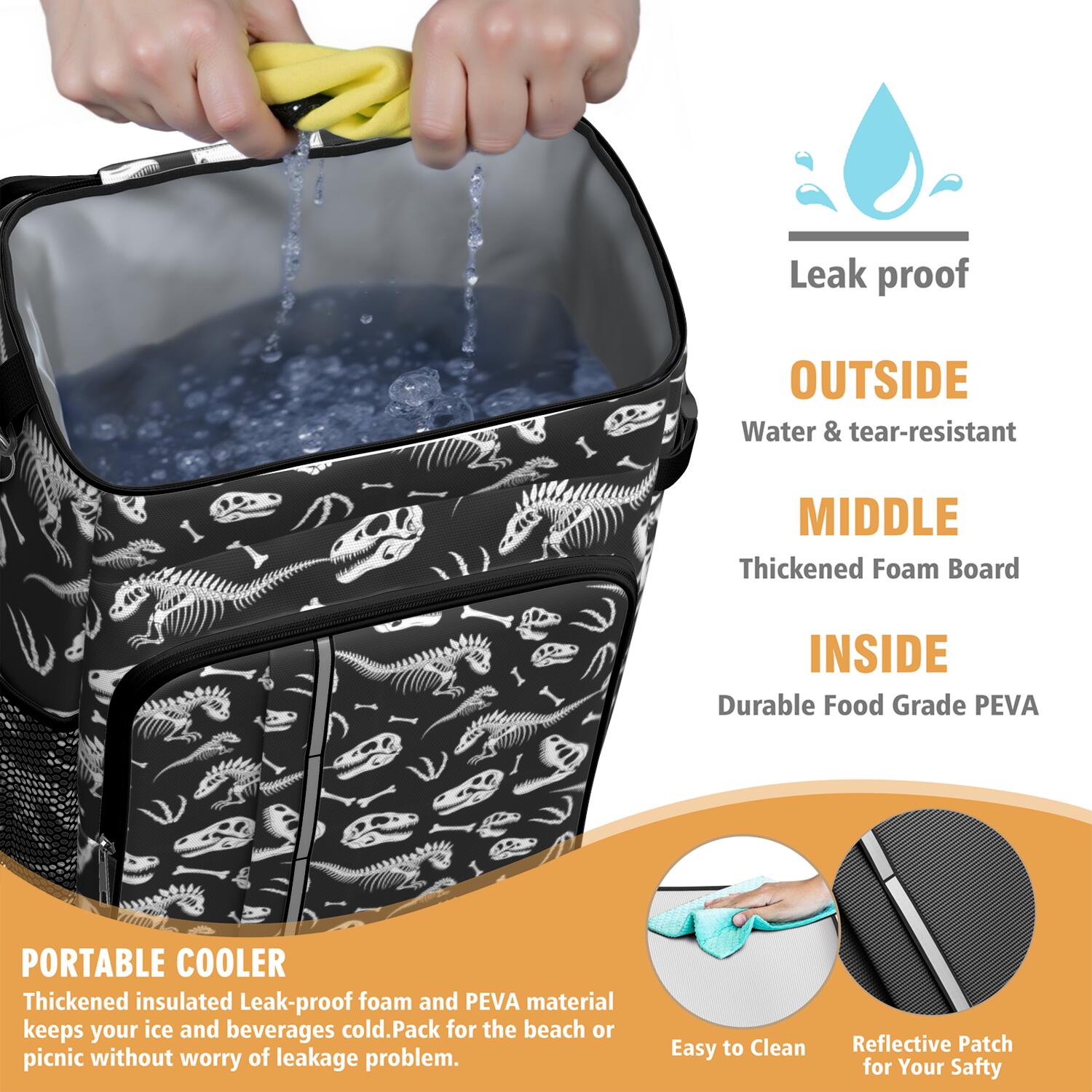 Travel Cooler Bag - Black Cartoon Dinosaurs Skulls Skeletons Pattern Camping Beer Cooler Backpack with Bottle Opener- Waterproof Insulated Picnic Backpacks - Cooler Bag for Beach