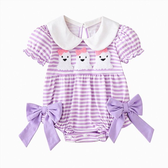 mgoYE Baby Halloween Outfit Girl Ruffle Romper Short Sleeve Jumpsuit Smocked Bubble Outfit with Bow(Purple,6-12 Months)