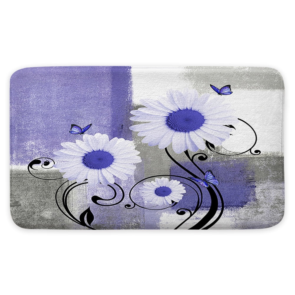 Rustic Farmhouse Flowers Bath Rug,Farm Teal Daisy Floral and Butterfly on Country Bath Mat,Purple Kitchen Rug Floor Mat Soft Non Slip Runner Carpet Indoor Doormat,17X29in