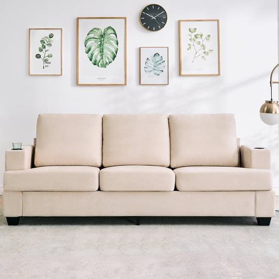 COZONY Modern 89" 3-Seater Sofa with Deep Seats, Chenille Fabric, Cup Holders and Side Storage Pockets for Living Room, Apartment,White