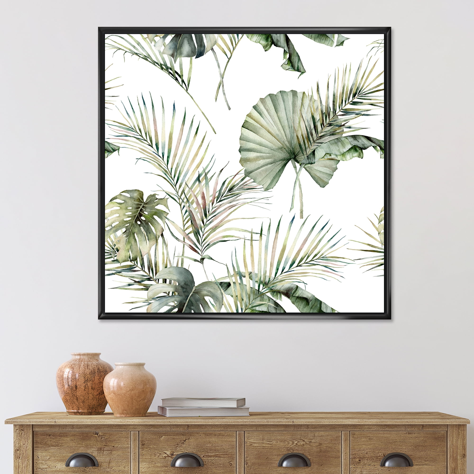 Designart 'Monstera and Coconut Leaves With Tropical Pattern' Traditional Framed Canvas Wall Art Print