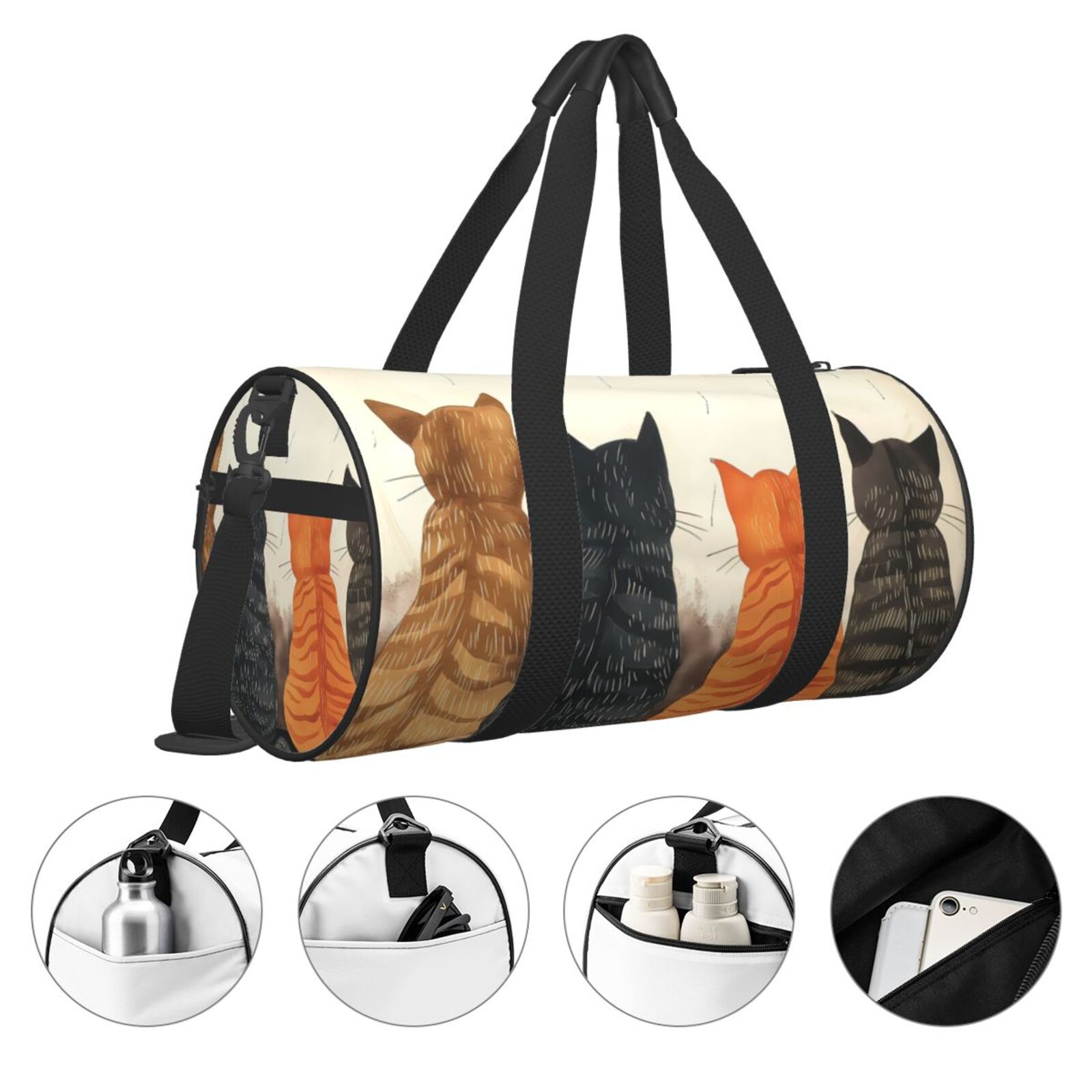 Vsdgher Four Cats Watching Rain 45L Foldable Duffel Bag, Sports Gym Bag,Overnight Bag, Portable Weekender Bag for Airplanes