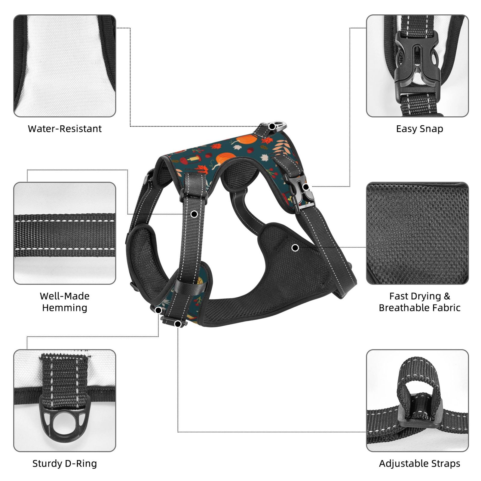 Fuzoiu Autumn with Pumpkins Print Reflective Dog Harness,Adjustable, Breathable Pet Vest,Dog Harness No Pull,No Choke Pet Vest for Small, Medium, and Large Dogs-Large